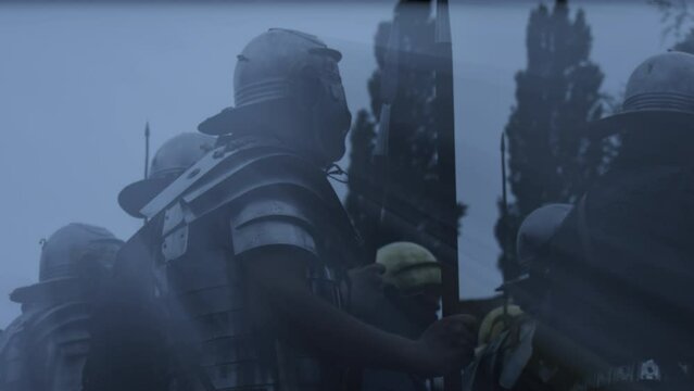 Old Retro Vintage Army Soldiers Marching Together on War Battlefield