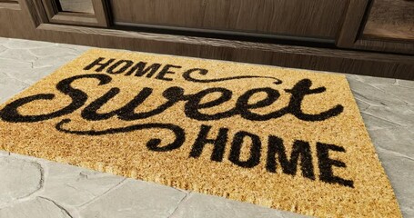 4K Slow Hand-held Pan and Zoom of a Home Sweet Home Doormat at the Front Door.