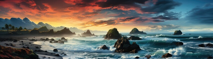 Fototapeta premium The rugged beauty of the coastline is unveiled in a panoramic display, where cliffs challenge the crashing waves. 