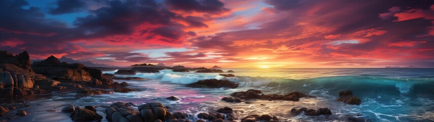 Fototapeta premium rugged coastline at twilight, rugged coastline, with towering cliffs, crashing waves, turbulent sea, dramatic sky filled with shades of blue, purple, and pink, fiery red and orange hues