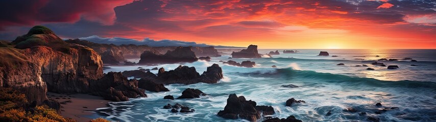 Ultra-wide panorama, the coastline boasts of its rugged grandeur. Cliffs rise mightily, challenging the fierce waves below, while the heavens above transition into a blend of evening colors