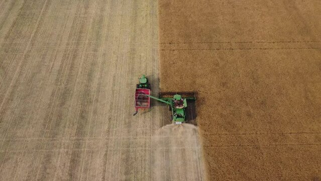 Rocky View County Alberta Canada, September 03 2023: Aerial John Deere Combine unloading grain into a tractor pulled hopper while harvesting a wheat field in Alberta Canada.
