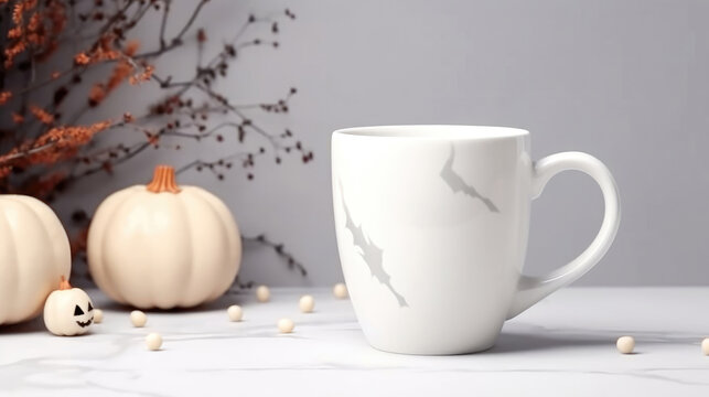 White coffee cup mockup with autumn fall home decor, pumpkins, cup of coffee. Halloween or Thanksgiving concept.