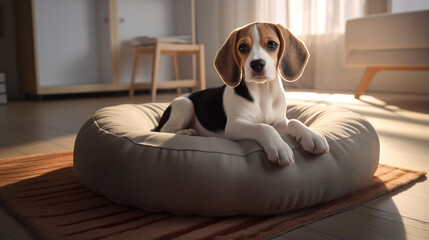 Beagle puppy sitting in dog bed on carpeted floor