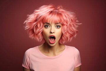  Banner of shocked beautiful like doll girl with pink hair and pink lips shocked with open mouth on dark red background. Empty space place for text, copy paste