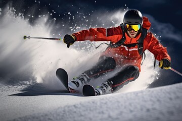 Skier skiing down the slope during a ski race. - obrazy, fototapety, plakaty