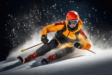 Skier skiing down the slope during a ski race. - obrazy, fototapety, plakaty