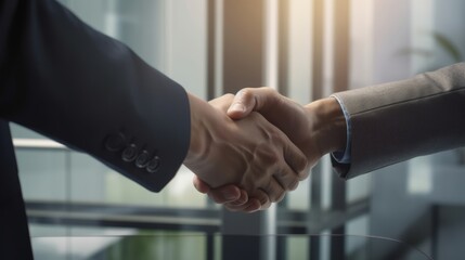 Close up of handshake of men in business suits, against the background of a glass office