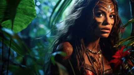 Fotobehang Jungle woman, female tropical native tribe concept © AdamantiumStock