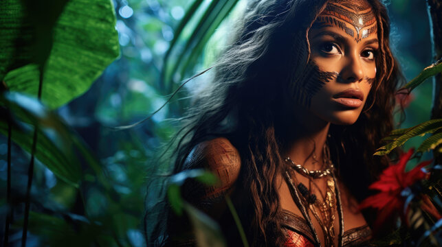 Jungle woman, female tropical native tribe concept