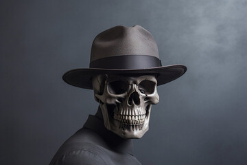 Close-up portrait of stylish greedy skull skeleton dressed in official business suit and hat on a dark background. Working to death for money concept. Advertising business company or brands. - obrazy, fototapety, plakaty