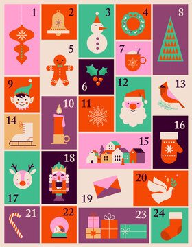 Advent Calendar, Merry Christmas Poster, Printable Template With Xmas Elements In Modern Minimalist Style