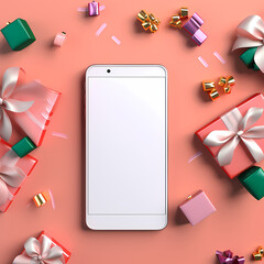 Christmas mobile phone with white screen isolated on solid pastel christmas presents and ribbons background