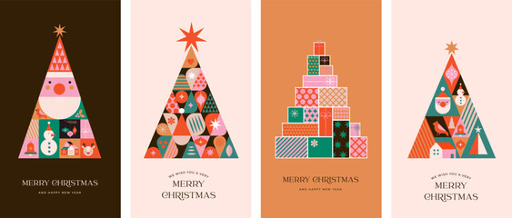 Collection of Christmas trees in modern minimalist geometric style. Colorful illustration in flat cartoon style. Xmas trees with geometrical patterns, stars and abstract elements
