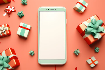 Christmas mobile phone with white screen isolated on solid pastel christmas presents and ribbons background - obrazy, fototapety, plakaty