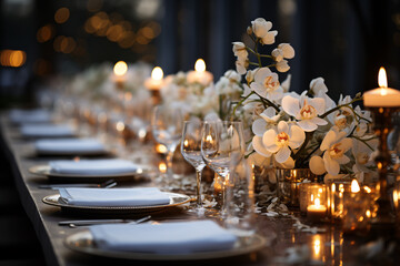 Fototapeta na wymiar Elegant table setting with candles and flowers in restaurant. Selective focus. Romantic dinner setting with candles and flowers on table in restaurant. 