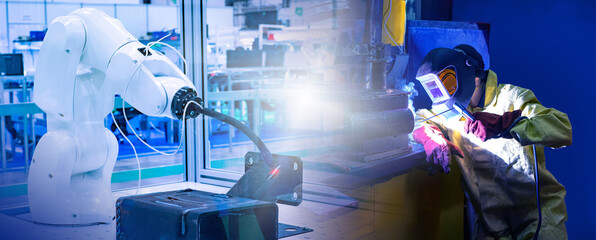 Soldering automation. Arm manipulator in welding shop. Man welder in mask. Manual and automatic welding works. Arm manipulator for welding metal parts. Robotic soldering equipment.