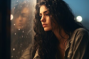 sad and lonely Latin girl sitting on the window watching the raindrops fall - obrazy, fototapety, plakaty
