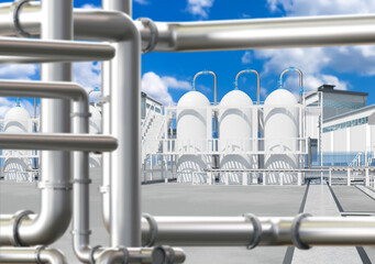 Chemical enterprise. Industrial plant. Factory exterior. Pipes near industrial building. Chemical...