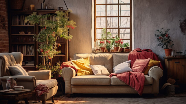 Rustic living room interior architecture with rustical cozy sofa, comfortable vintage classic interior living loft
