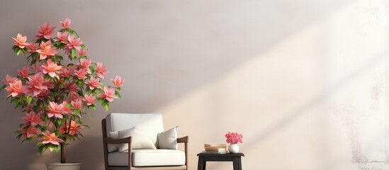 Flower adorned tables book armchair by bright wall