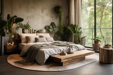 Cozy bedroom in Scandinavian style with plants.