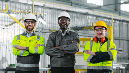 Three multicultural heavy industrial workers look at camera and smiling. Engineers standing at...