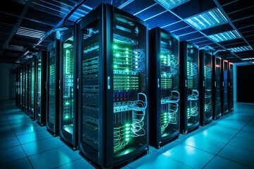Racks in a room full of servers. Generative AI