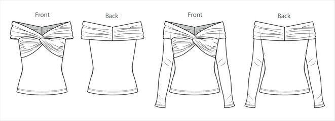 Vector long sleeved summer t shirt fashion CAD, woman winter off shoulder top technical drawing, template, sketch, flat, mock-up. Jersey modern 2 pieces set top with front, back view, white color