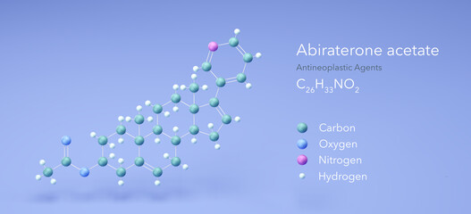 abiraterone acetate molecule, molecular structures, antineoplastic agents, 3d model, Structural Chemical Formula and Atoms with Color Coding