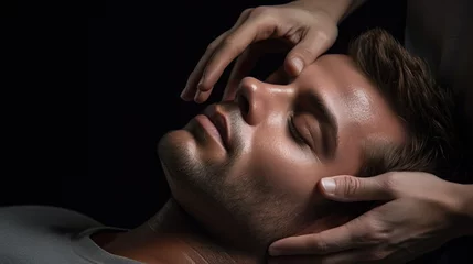Foto auf Acrylglas Massagesalon A man getting a facial massage in a dark room