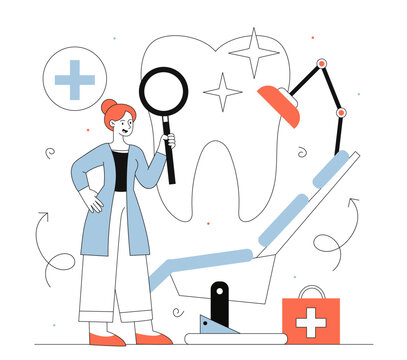 dentist with magnifying glass, dental clinic setting clip art preview