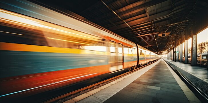 High speed train in motion on the railway station at sunset. Fast moving modern passenger train on railway platform. Railroad with motion blur effect. © Simon