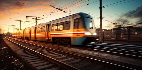 Naklejka premium High speed train in motion on the railway station at sunset. Fast moving modern passenger train on railway platform. Railroad with motion blur effect.