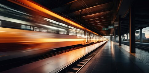 Fototapeta premium High speed train in motion on the railway station at sunset. Fast moving modern passenger train on railway platform. Railroad with motion blur effect.