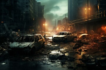 Apocalyptic scene of zombies and wreckage in a rain-soaked burning city. Generative AI