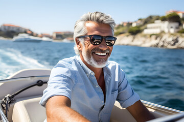 Happy senior man enjoying on speedboat, luxury, adventure, wealth and freedom lifestyle
