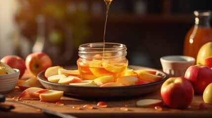 Preparing canned apple dessert or compote fruit drink. Sugar syrup or honey is poured into a glass...
