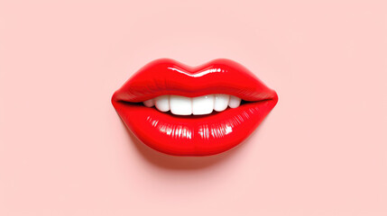 3D realistic smiling glossy red lips on red. cosmetic, fashion, and romantic designs. Open mouth with teeth, lipstick promotion.