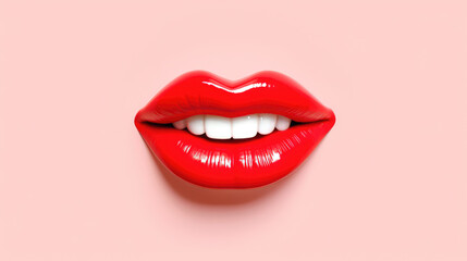 Obraz premium 3D realistic smiling glossy red lips on red. cosmetic, fashion, and romantic designs. Open mouth with teeth, lipstick promotion.