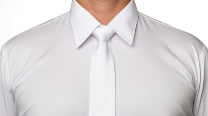 Close up of a man wearing a white shirt and a white tie, giving a sense of formality and elegance