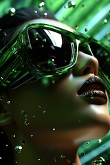 a woman wearing green sunglasses