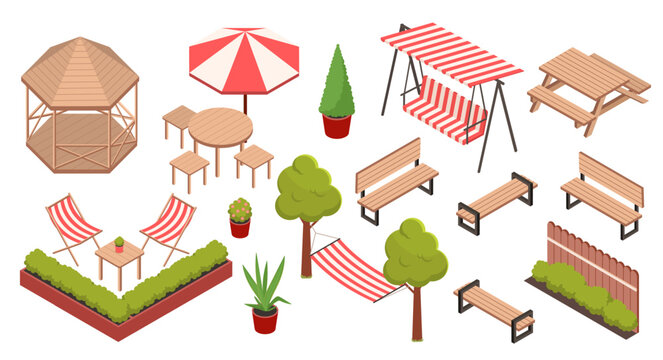 Isometric garden furniture vector set