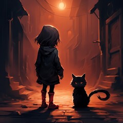 a girl looking at a cat