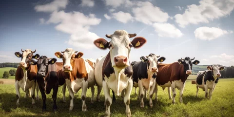 Gordijnen Group Of Cows Standing Next To Each Other On A Field. Generative AI © piai