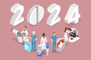 3D Isometric Flat Vector Conceptual Illustration of New Year 2024 And Medicine, Template For Medical Poster Or Calendar