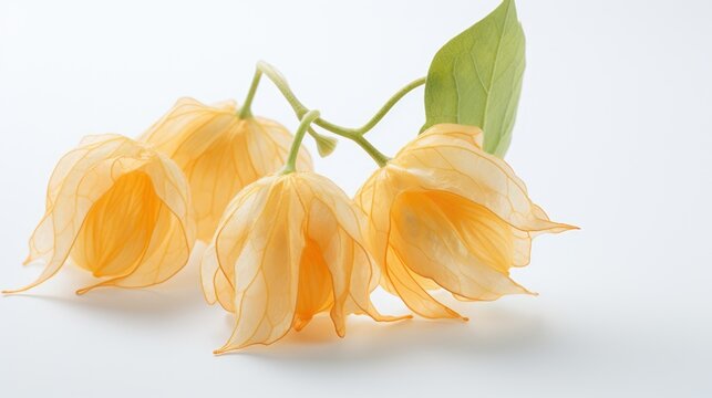 Yellow delicate Physalis flowers on a branch with leaves on a white background. Macro, close-up view. Beautiful background. Physalis lanterns. Healthy vegan superfood. A vegetable rich in vitamins