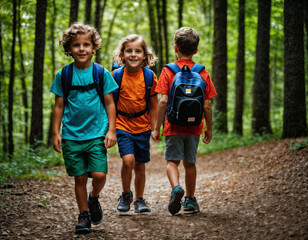 Fototapeta premium photo group of kids as a backpacker in the dark wood, generative AI