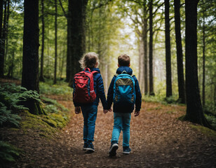 Fototapeta premium photo group of kids as a backpacker in the dark wood, generative AI