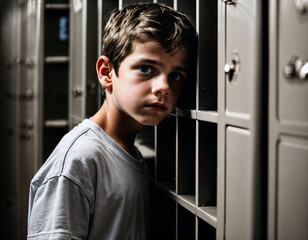 photo of scary boy kid in locker room, generative AI